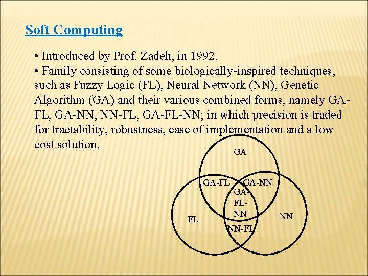 Soft Computing • Introduced by Prof. Zadeh, in 1992. • Family consisting of some