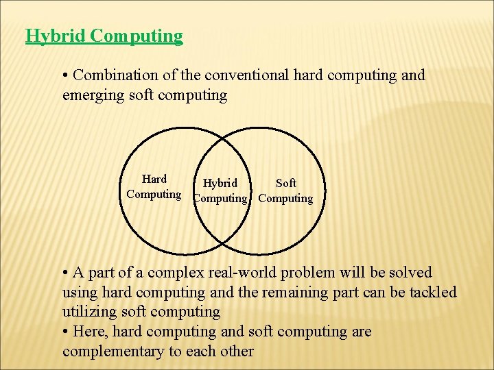 Hybrid Computing • Combination of the conventional hard computing and emerging soft computing Hard