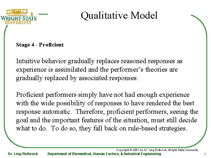 Qualitative Model Stage 4 - Proficient Intuitive behavior gradually replaces reasoned responses as experience
