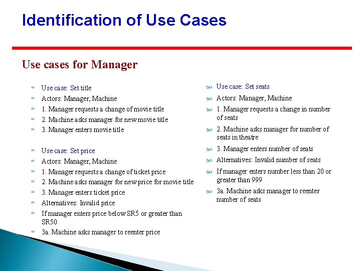 Identification of Use Cases Use cases for Manager Use case: Set title Actors: Manager,