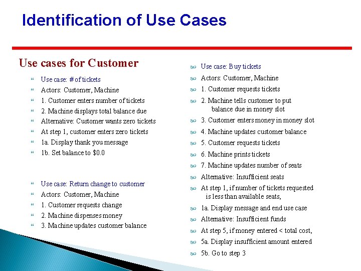 Identification of Use Cases Use cases for Customer Use case: # of tickets Actors: