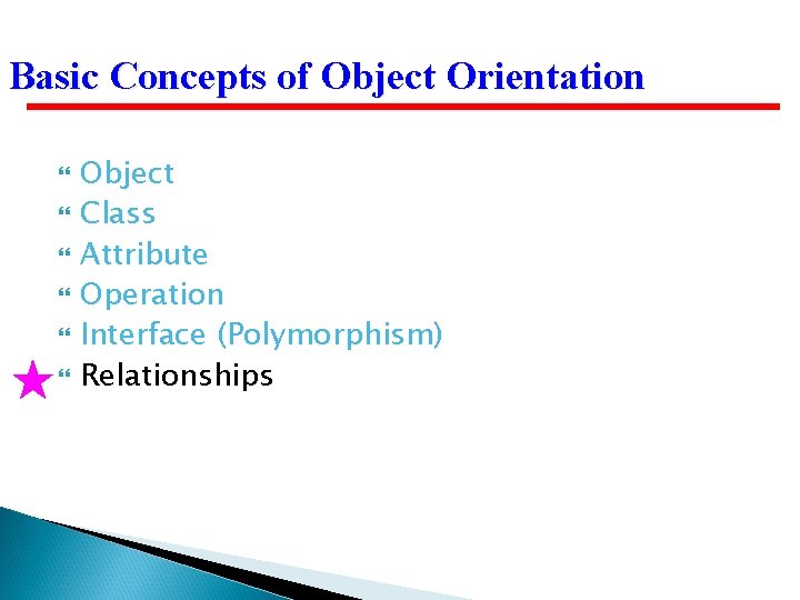 Basic Concepts of Object Orientation Object Class Attribute Operation Interface (Polymorphism) Relationships 