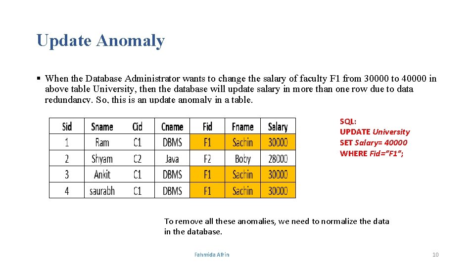 Update Anomaly § When the Database Administrator wants to change the salary of faculty