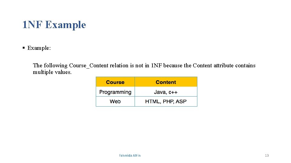 1 NF Example § Example: The following Course_Content relation is not in 1 NF