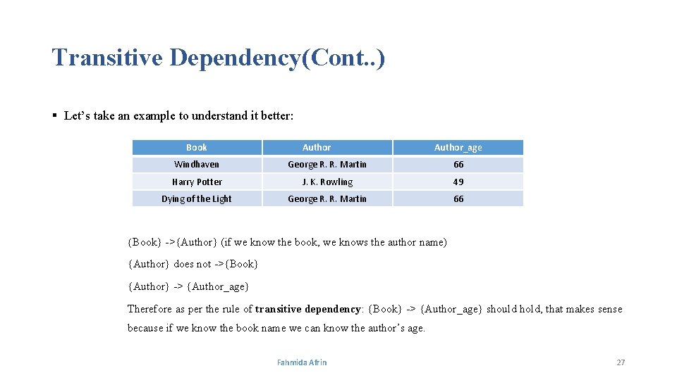Transitive Dependency(Cont. . ) § Let’s take an example to understand it better: Book