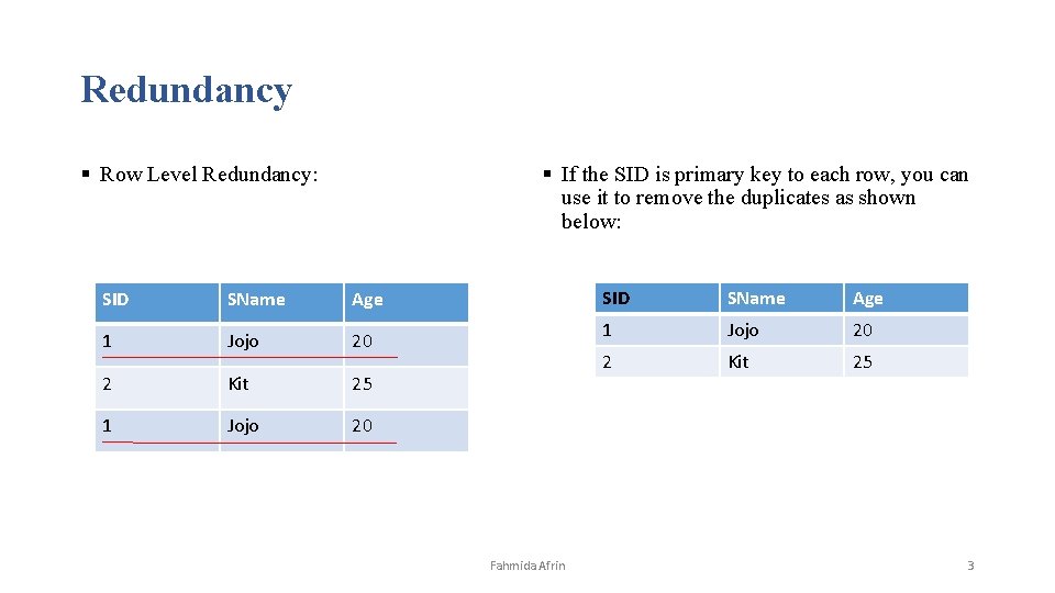 Redundancy § Row Level Redundancy: § If the SID is primary key to each