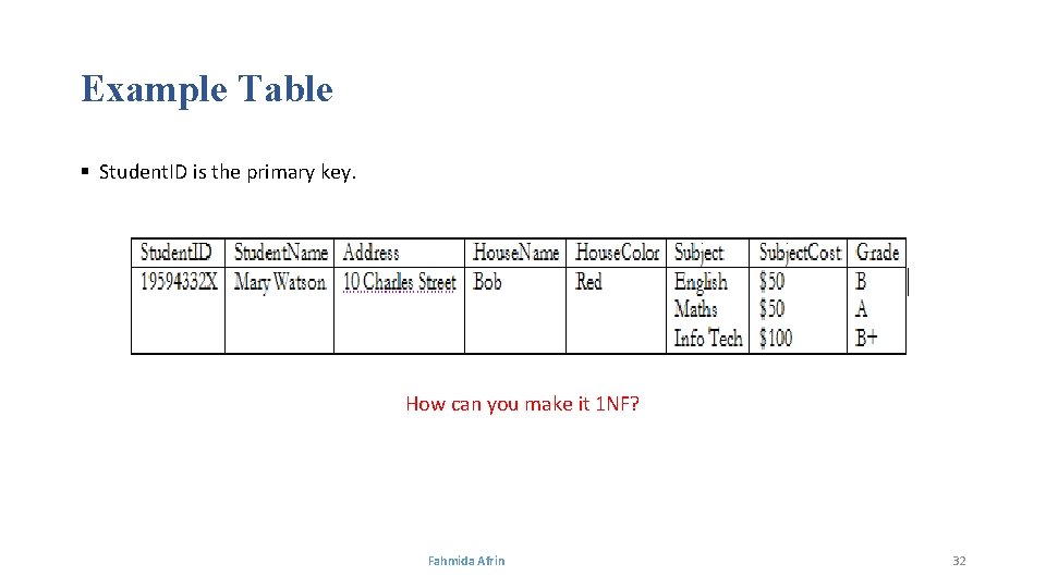 Example Table § Student. ID is the primary key. Is it 1 NF? How