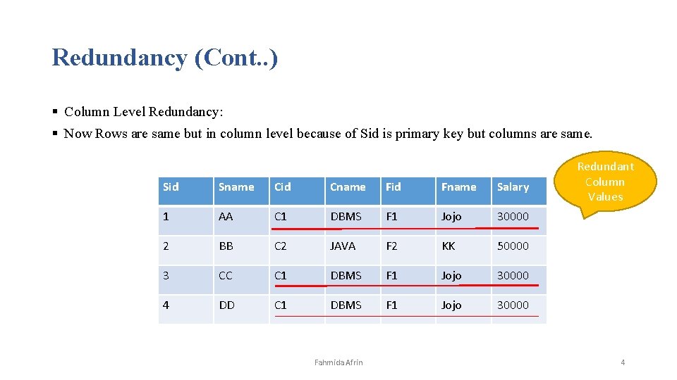 Redundancy (Cont. . ) § Column Level Redundancy: § Now Rows are same but