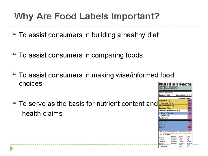 Why Are Food Labels Important? To assist consumers in building a healthy diet To
