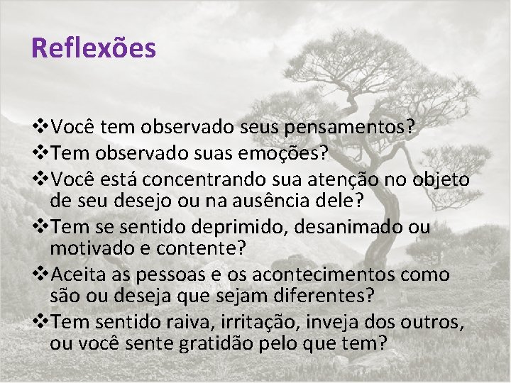 Reflexões v. Você tem observado seus pensamentos? v. Tem observado suas emoções? v. Você