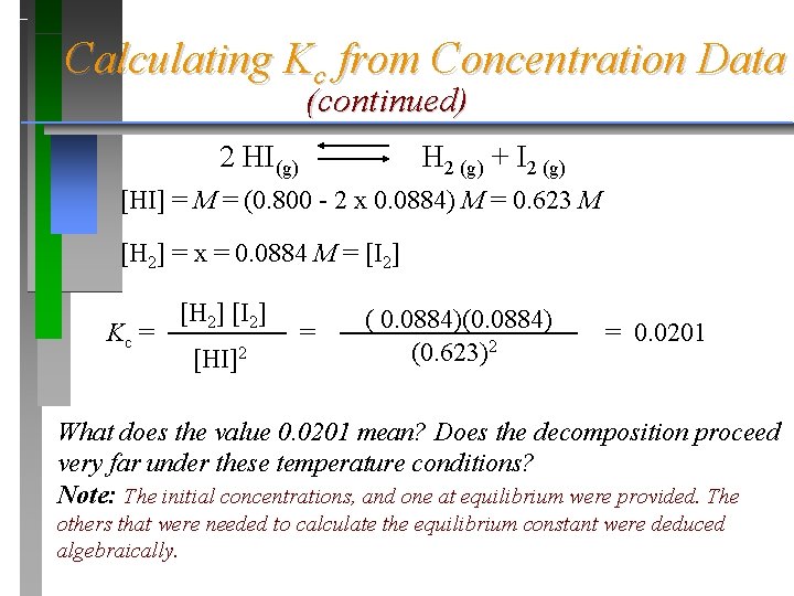 Calculating Kc from Concentration Data (continued) 2 HI(g) H 2 (g) + I 2