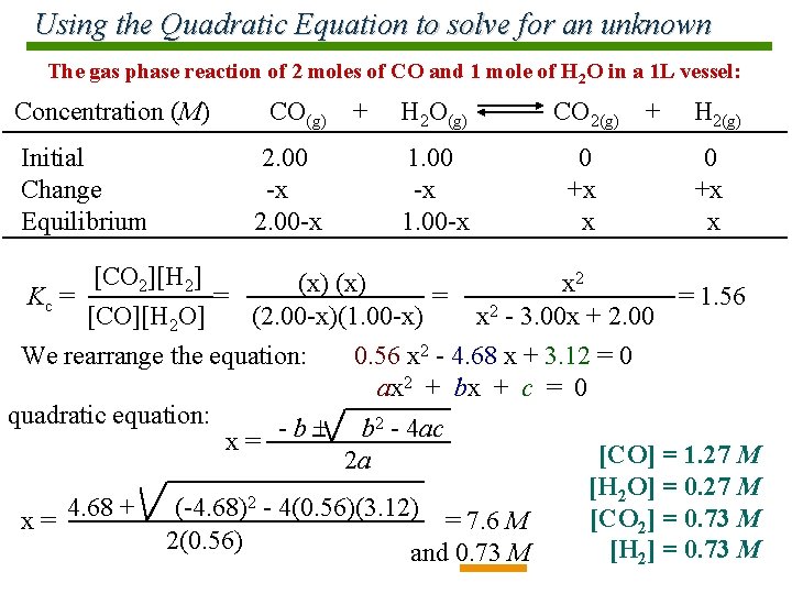 Using the Quadratic Equation to solve for an unknown The gas phase reaction of