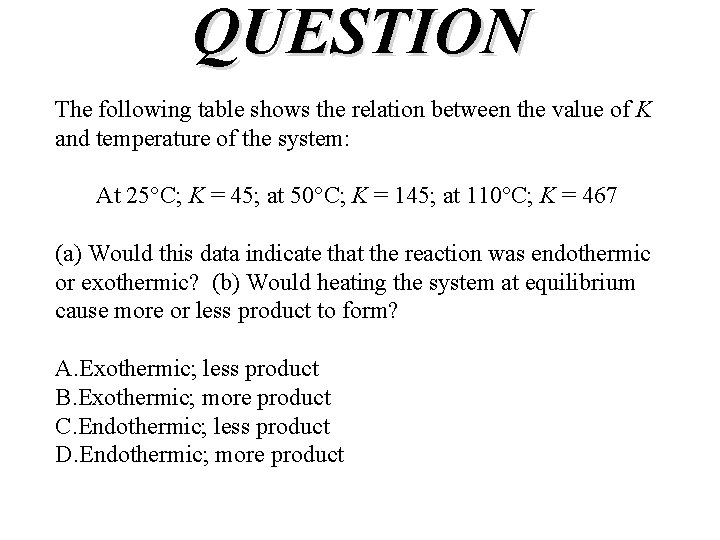 QUESTION The following table shows the relation between the value of K and temperature