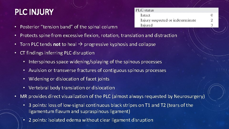 PLC INJURY • Posterior “tension band” of the spinal column • Protects spine from