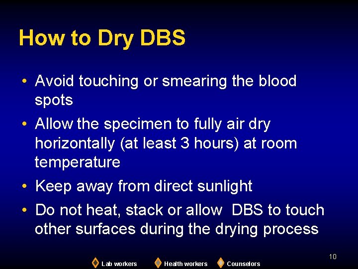 How to Dry DBS • Avoid touching or smearing the blood spots • Allow