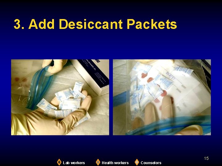 3. Add Desiccant Packets 15 Lab workers Health workers Counselors 