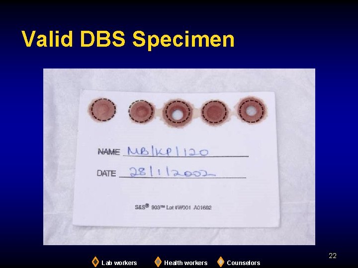Valid DBS Specimen 22 Lab workers Health workers Counselors 