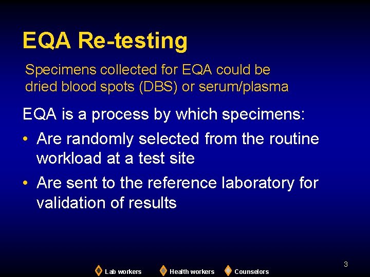 EQA Re-testing Specimens collected for EQA could be dried blood spots (DBS) or serum/plasma