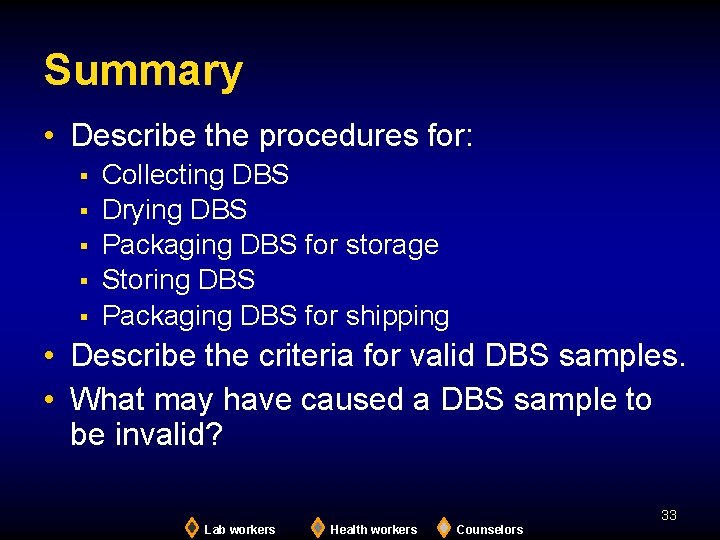 Summary • Describe the procedures for: Collecting DBS Drying DBS Packaging DBS for storage