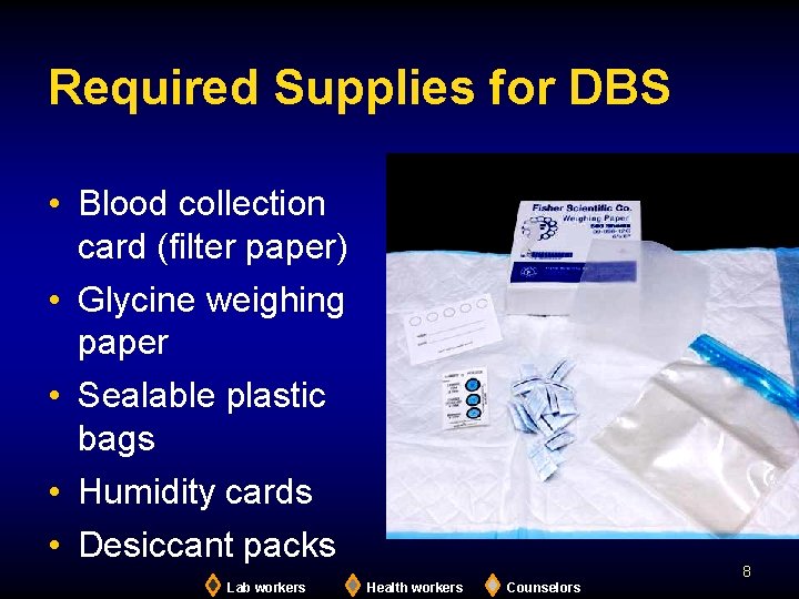Required Supplies for DBS • Blood collection card (filter paper) • Glycine weighing paper