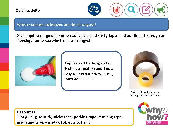 Quick activity Which common adhesives are the strongest? Give pupils a range of common