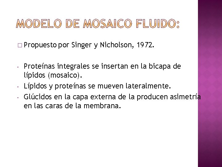 � Propuesto por - Singer y Nicholson, 1972. Proteínas integrales se insertan en la