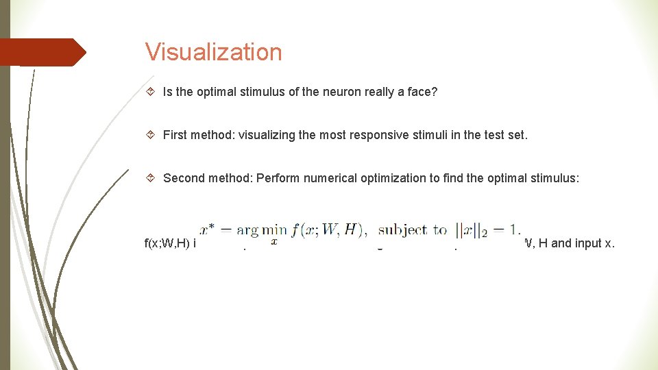 Visualization Is the optimal stimulus of the neuron really a face? First method: visualizing