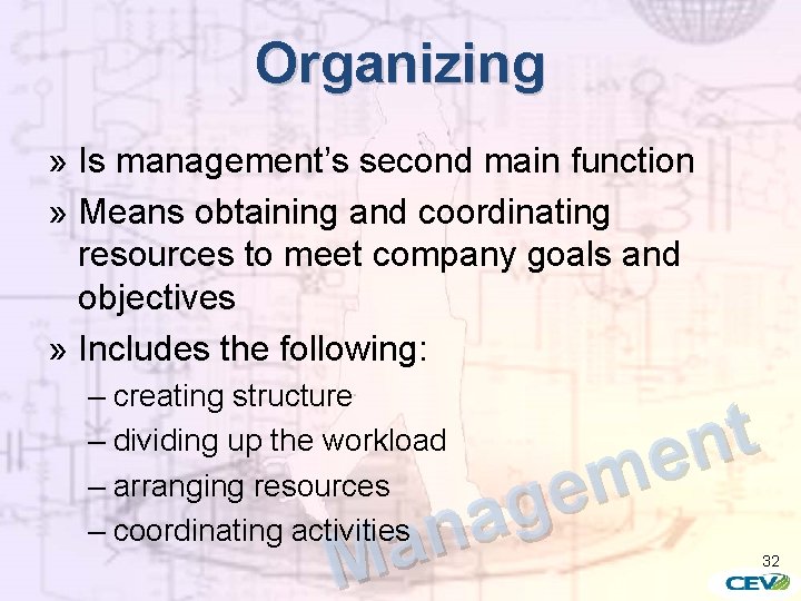 Organizing » Is management’s second main function » Means obtaining and coordinating resources to