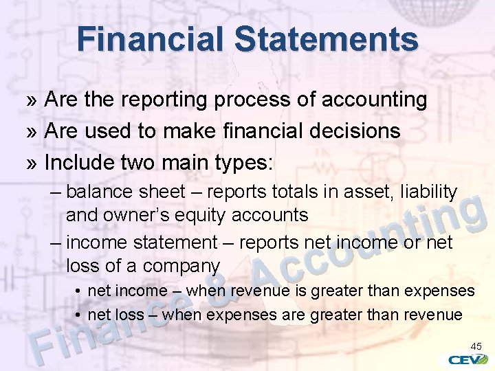 Financial Statements » Are the reporting process of accounting » Are used to make