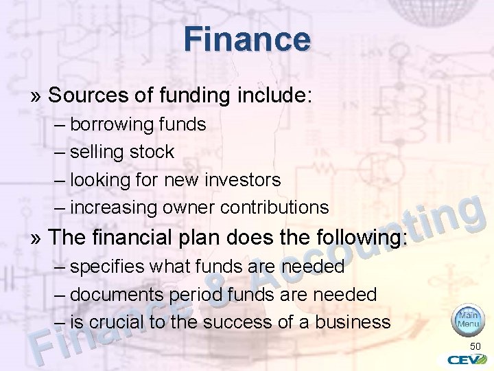 Finance » Sources of funding include: – borrowing funds – selling stock – looking