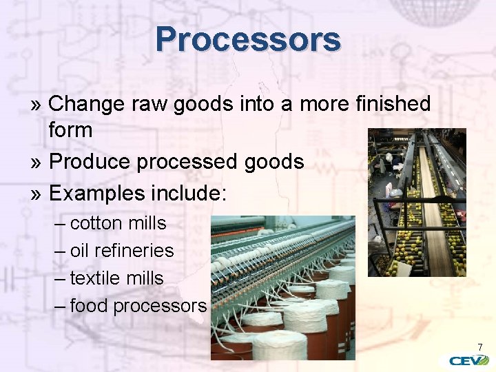 Processors » Change raw goods into a more finished form » Produce processed goods