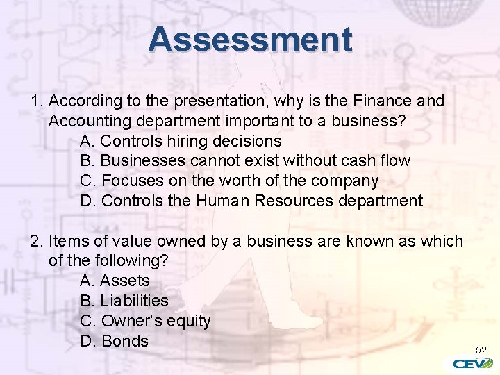 Assessment 1. According to the presentation, why is the Finance and Accounting department important