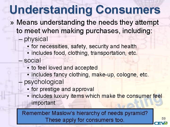 Understanding Consumers » Means understanding the needs they attempt to meet when making purchases,