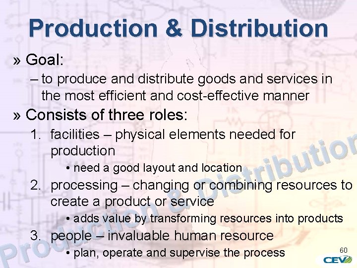 Production & Distribution » Goal: – to produce and distribute goods and services in