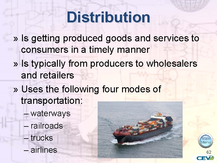 Distribution » Is getting produced goods and services to consumers in a timely manner
