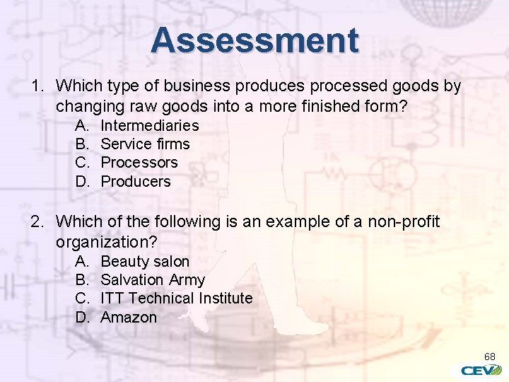 Assessment 1. Which type of business produces processed goods by changing raw goods into