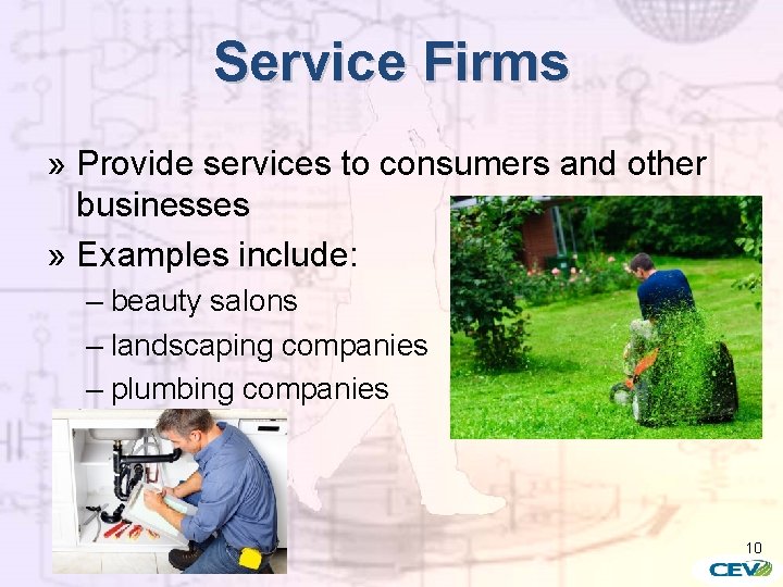 Service Firms » Provide services to consumers and other businesses » Examples include: –