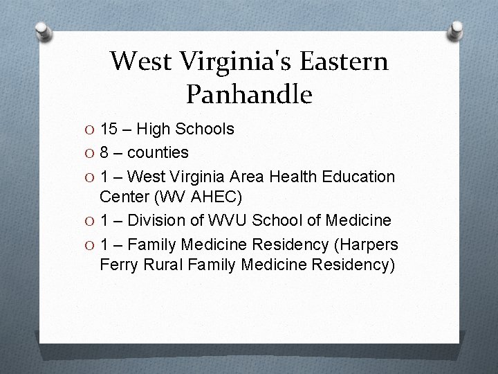 West Virginia's Eastern Panhandle O 15 – High Schools O 8 – counties O