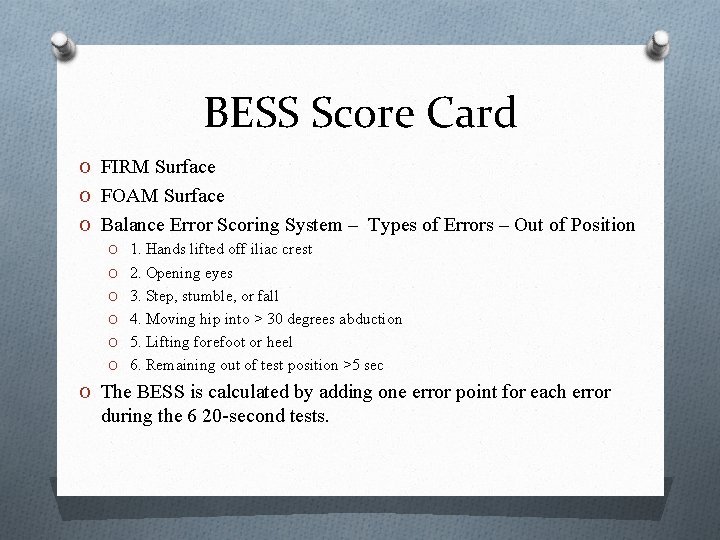 BESS Score Card O FIRM Surface O FOAM Surface O Balance Error Scoring System