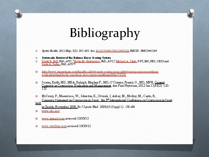 Bibliography O Sports Health. 2011 May; 3(3): 287– 295. doi: 10. 1177/1941738111403122 PMCID: PMC