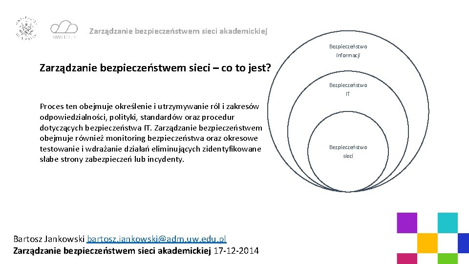 Zarządzanie bezpieczeństwem sieci akademickiej Bezpieczeństwo informacji Zarządzanie bezpieczeństwem sieci – co to jest? Bezpieczeństwo