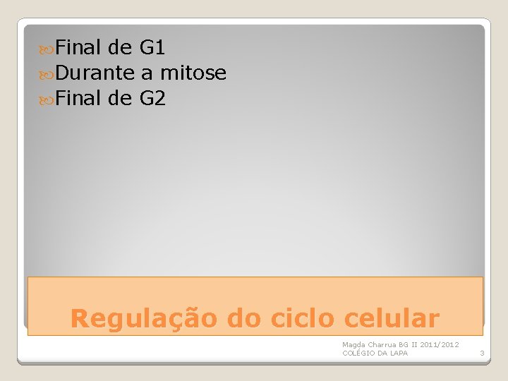  Final de G 1 Durante a mitose Final de G 2 Regulação do