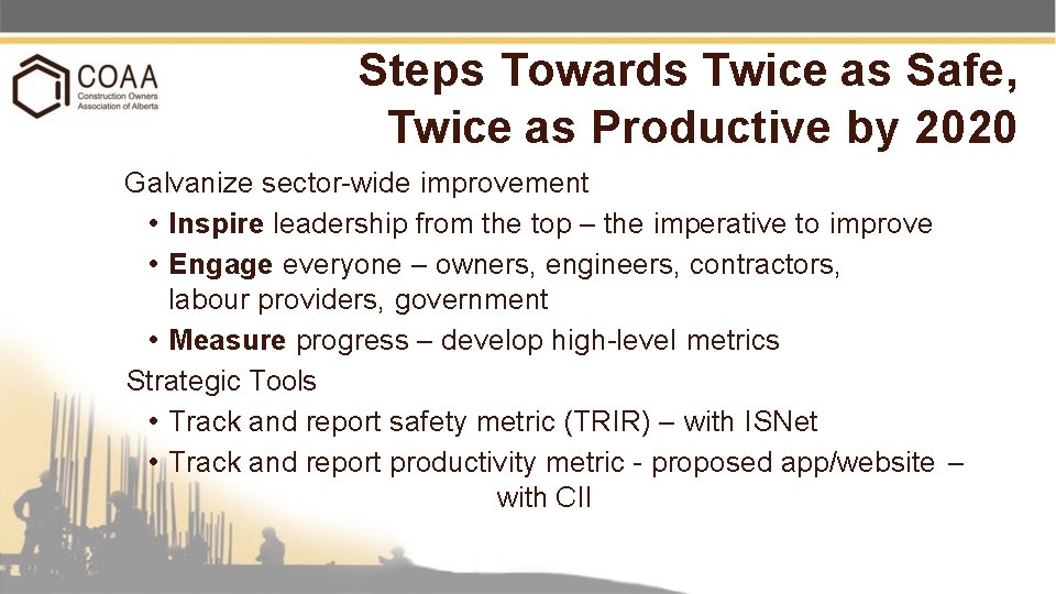 Steps Towards Twice as Safe, Twice as Productive by 2020 Galvanize sector-wide improvement •