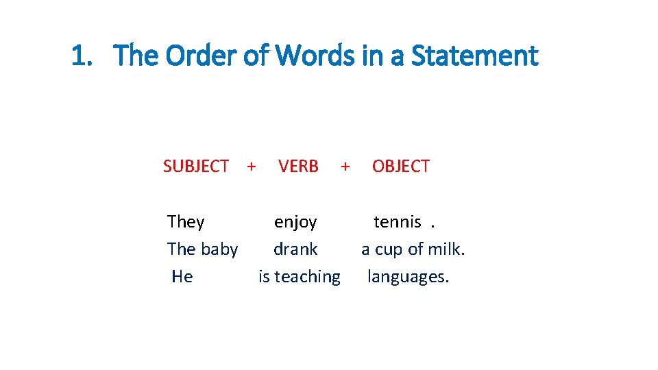 1. The Order of Words in a Statement SUBJECT + They The baby He 1. The Order of Words in a Statement SUBJECT + They The baby He