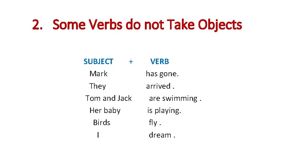 2. Some Verbs do not Take Objects SUBJECT + Mark They Tom and Jack 2. Some Verbs do not Take Objects SUBJECT + Mark They Tom and Jack
