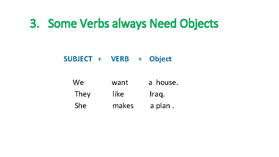 3. Some Verbs always Need Objects SUBJECT + We They She VERB want like 3. Some Verbs always Need Objects SUBJECT + We They She VERB want like