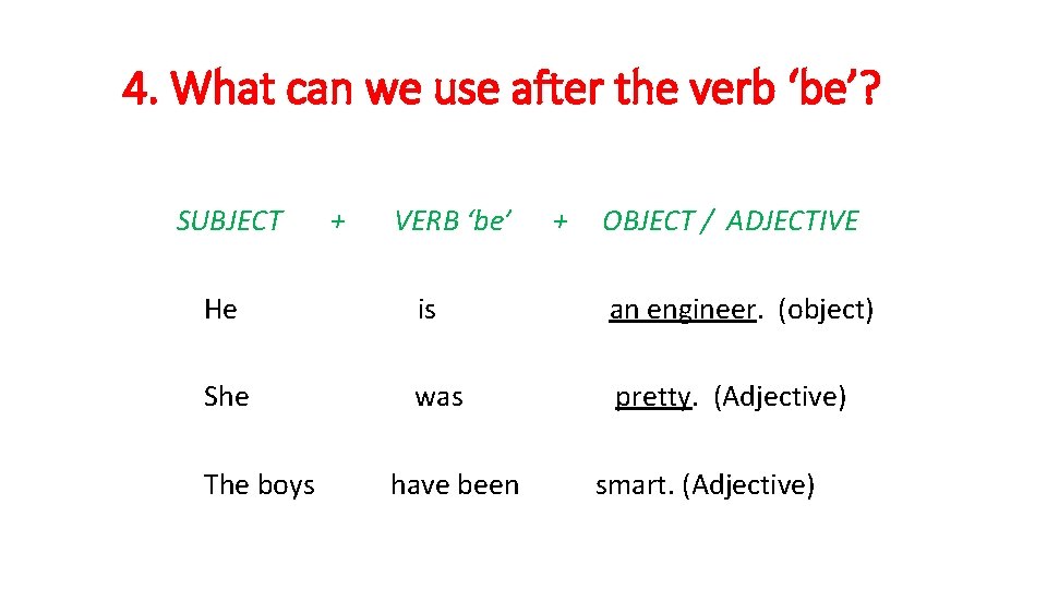 4. What can we use after the verb ‘be’? SUBJECT + VERB ‘be’ + 4. What can we use after the verb ‘be’? SUBJECT + VERB ‘be’ +