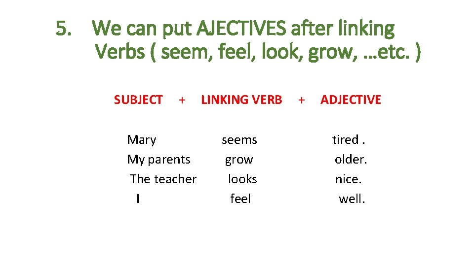 5. We can put AJECTIVES after linking Verbs ( seem, feel, look, grow, …etc. 5. We can put AJECTIVES after linking Verbs ( seem, feel, look, grow, …etc.