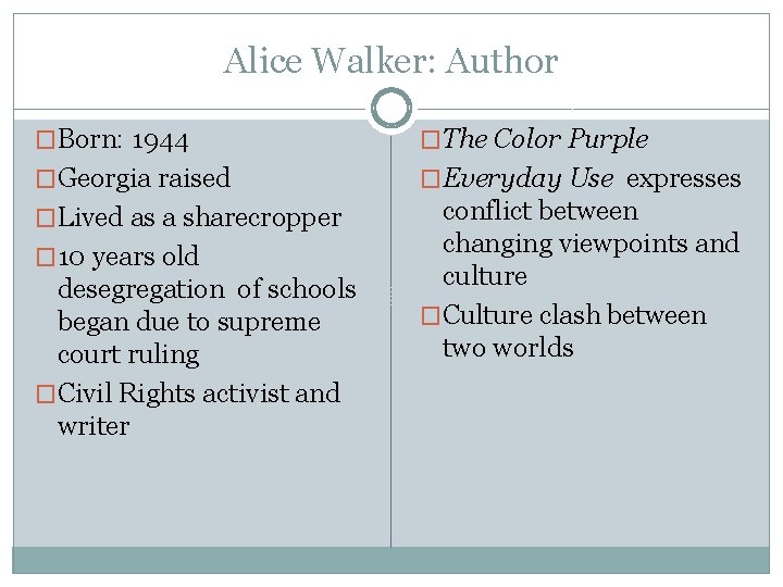 Alice Walker: Author �Born: 1944 �The Color Purple �Georgia raised �Everyday Use expresses �Lived