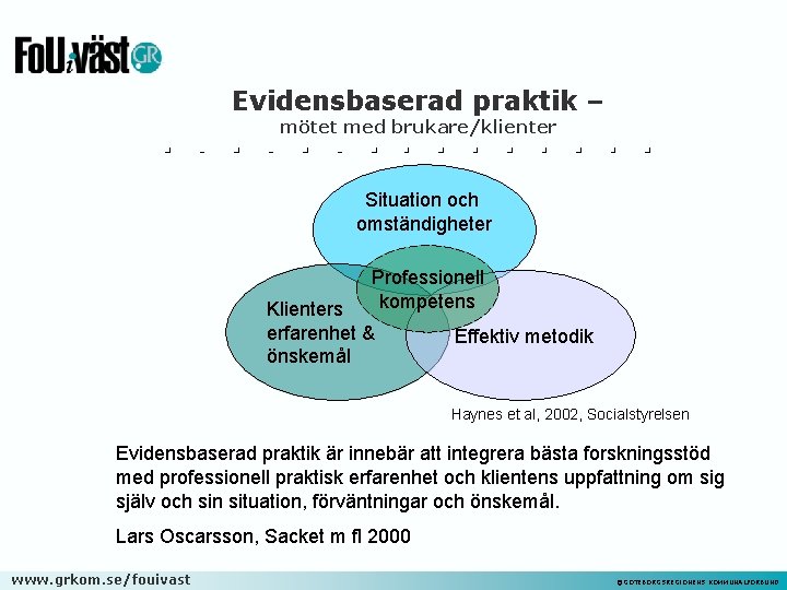 Evidensbaserad praktik – mötet med brukare/klienter Situation och omständigheter Professionell kompetens Klienters erfarenhet &